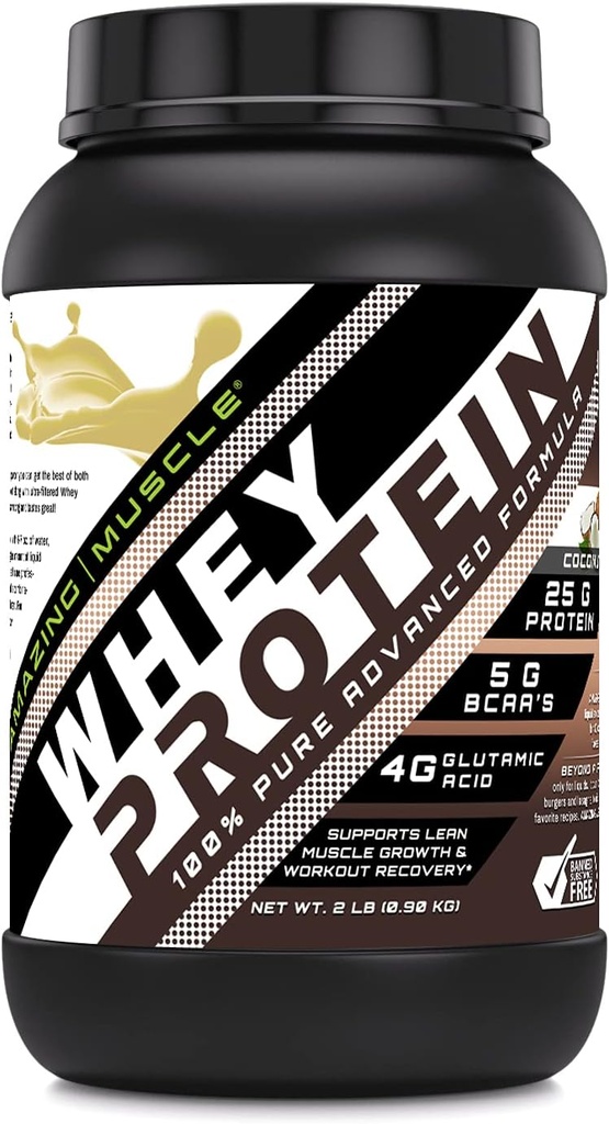 חלבון שרירי מדהים Whey חלבון Isolate & Concentrate תוסף | קוקוס פלאמור | 25 G | 2 Lb (0.90 Kg) | Non-GMO | Gluten-Free | Made in USA