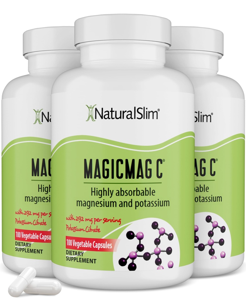 Magic Magic Magic C על ידי NaturalSlim, Magnesium Citrate with Potassium להרגעת השרירים, Sleep Quality, Nerve Function & Electrolyte Support, Daily Magnesium תוסף לגברים ונשים, 100 קפסולות 3pkk