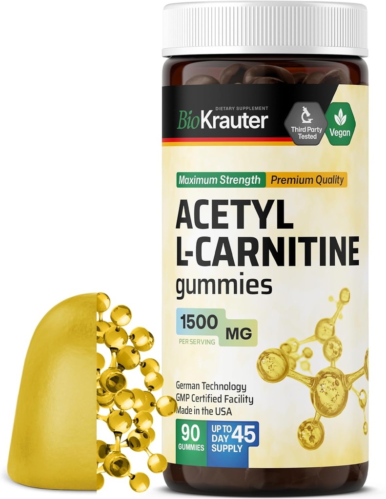 BIO KRAUTER Acetyl L Carnitine Gummies - 1500 מ"ג כוח - 90 צ'יפס טבעוני - Amino Acid Acetyl L Carnitine תוסף - Pectin- Based, non-GMO