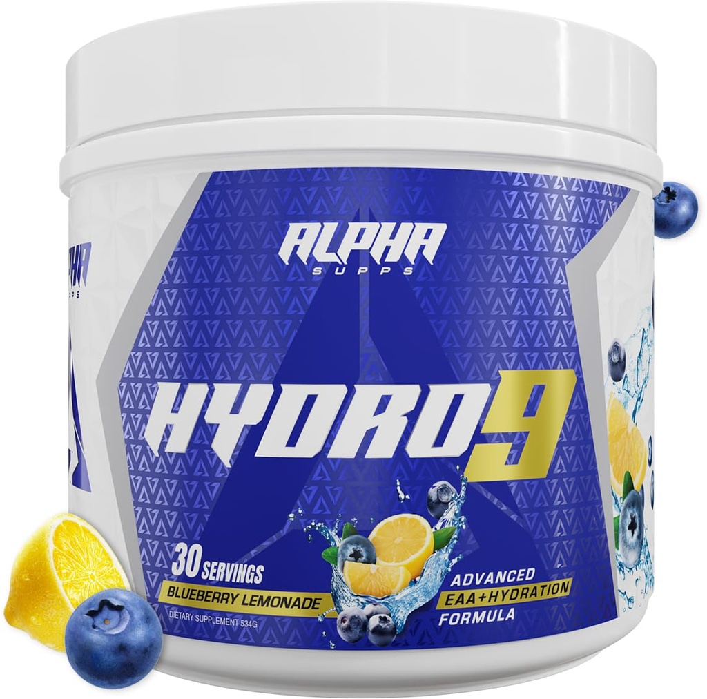 Alpha Supps Hydro 9 Aminos | EAA + hydrotion Formula | Essential Amino Acids EAAs אבקת עם BCAAs & Electrolytes 30 משרתים - Blueberry Lemonade