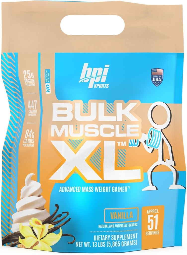 BPI Sports Bulk שריר XL - מקבל משקל מתקדם עבור בניין שרירים רציני התאוששות, 25g חלבונים ו 497 קלוריות Per המשרת - שוקולד, 13lb Bag (13lb, Vanilla)