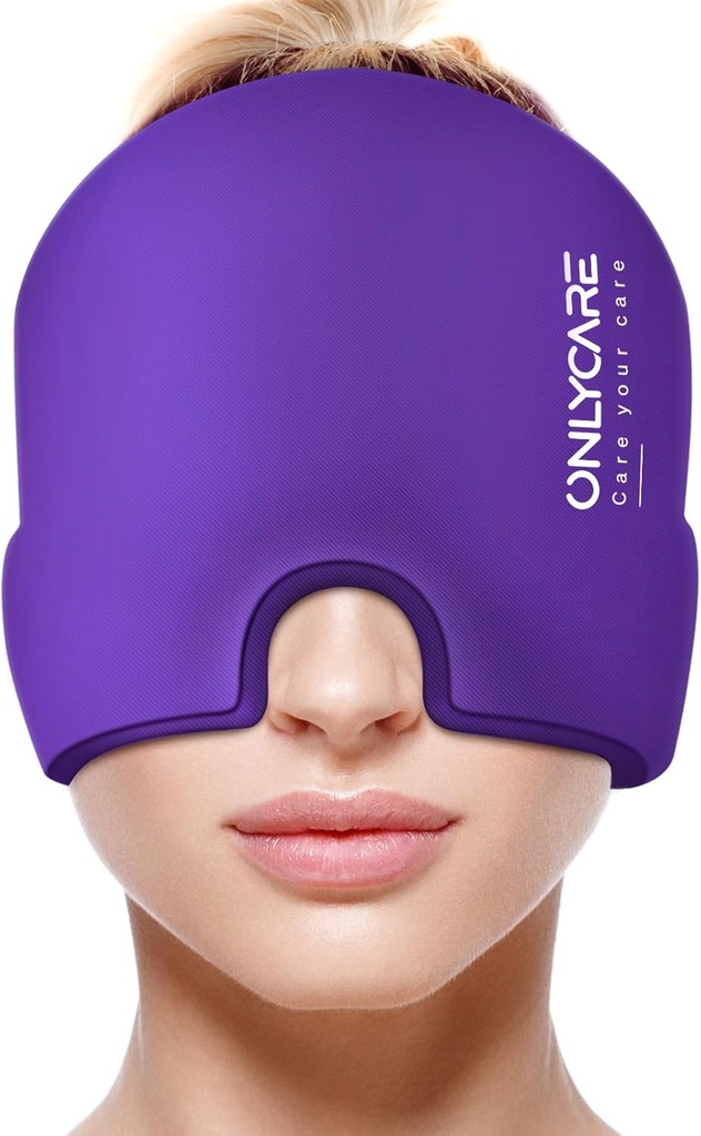 רק CARE Migraine הקלה Cap, Soothing Headache Hat, שדרג את Odorless Ice Head Wrap, Hot and Cold Therapy, Headache Ice Pack for Tension and Stress (Purple)