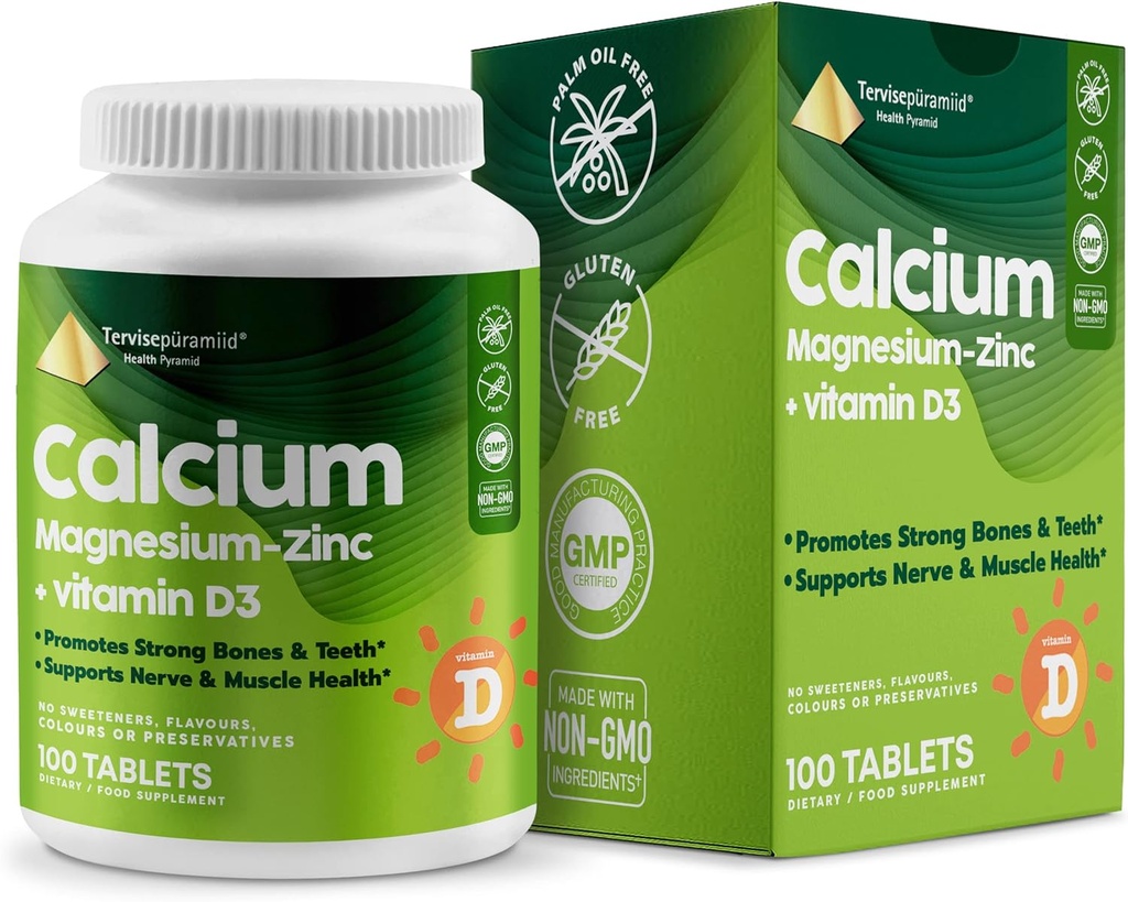 פירמידת הבריאות Calcium Magnesium Zinc עם תוסף ויטמין D3 עבור עצמות חזקות ושיניים Cal Mag Zinc תומך עצבנות ובריאות שרירים 100 טבליות טבעוניות