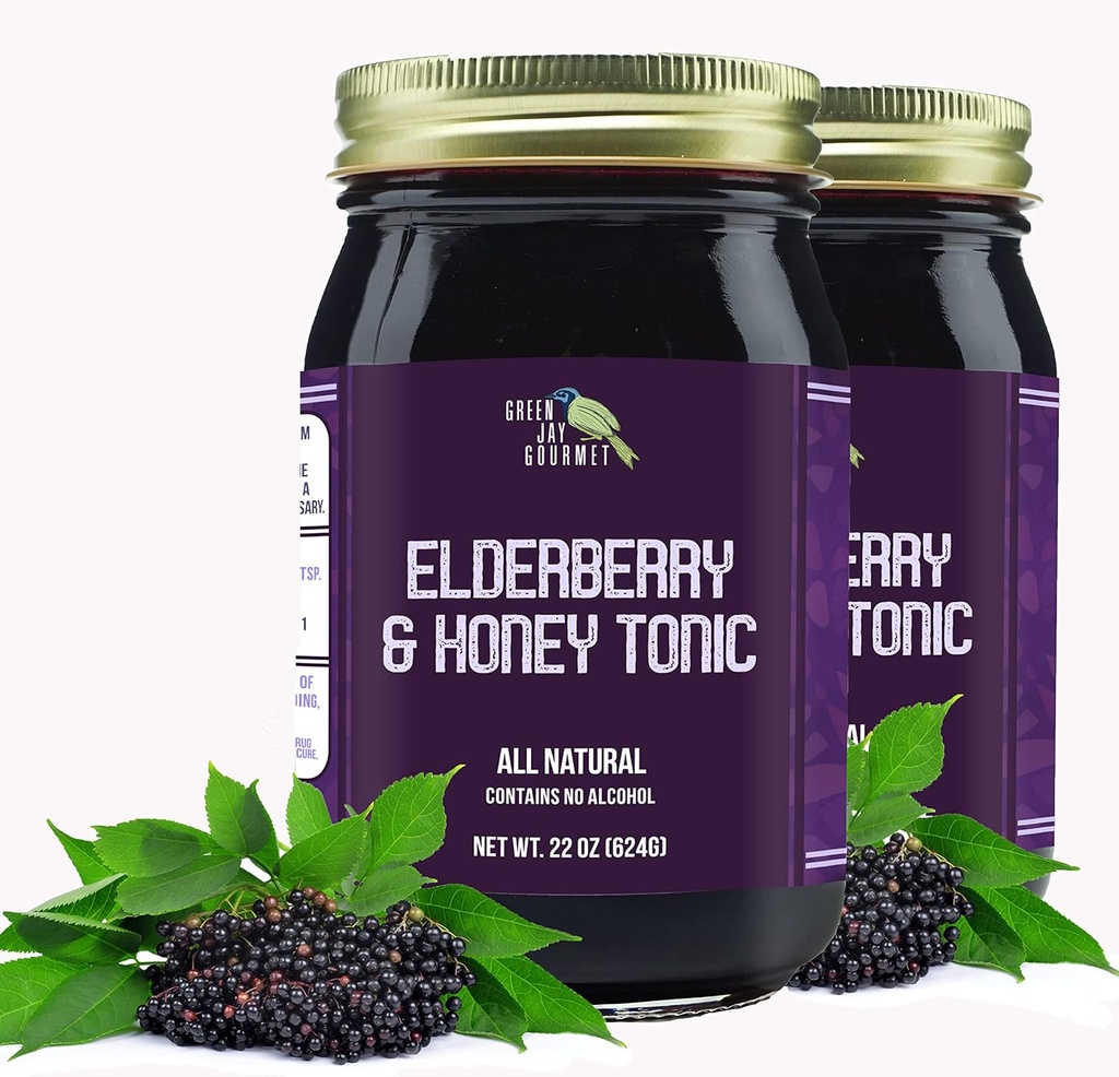 Green Jay Gourmet Elderberry Tonic - All Natural Elderberry Syrup - Oldberry Immune Support for Kids & Adults - Powerful Elderberry & Honey - Sambucus Elderberry Syrup - 2 x 22 Ounces
