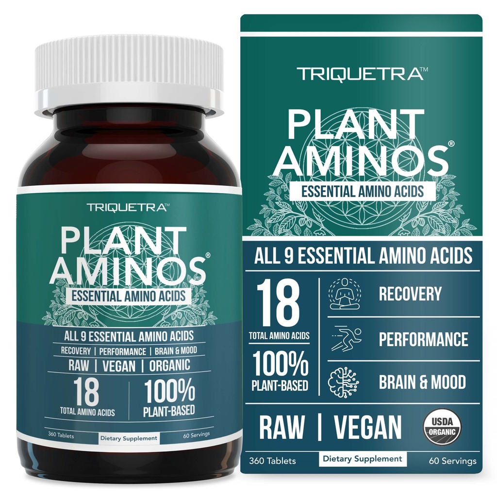 Plant Aminos אורגני Essential Amino Acid תוסף (EAAs) & BCAA - 100% צמח מבוסס Raw, טבעוני - All 9 Essential Amino Acids עם 18 Total Amino Acids (360 טבליות)