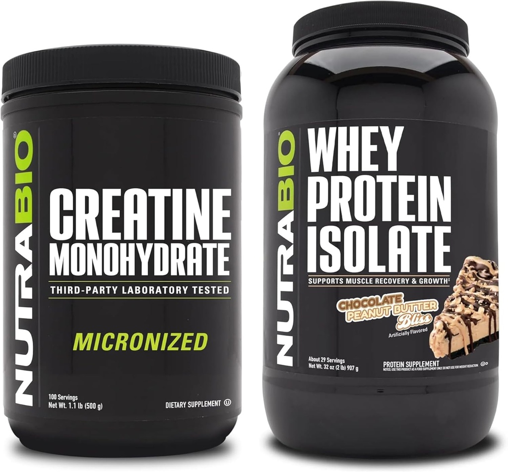 NutraBio Creatine Monohydrate, Unflavored, 500g ו Whey חלבונים Isolate, שוקולד בוטנים Butter, תוספת Bundle - שריר אנרגיה, Lean Growth, Recovery, כוח