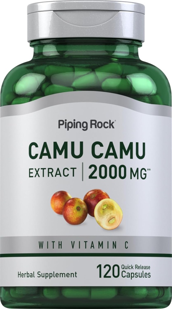 Piping Rock Camu Camu קפסולות 2000 מ"ג | 120 גלולות | תמצית פירות | עם ויטמין C | Non-GMO, Gluten Free Supplement