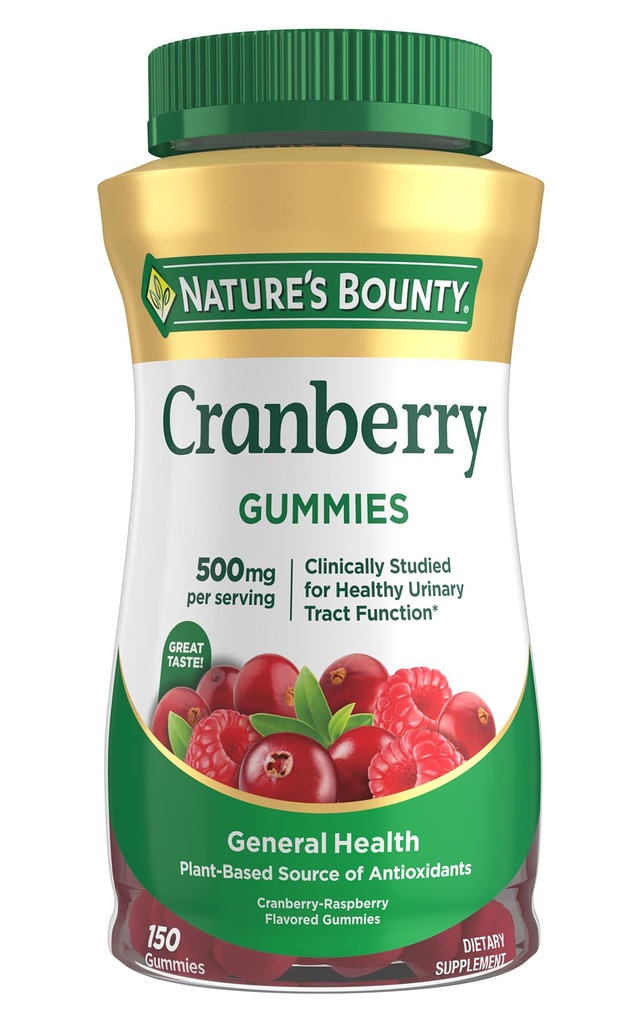 Nature's Bounty Cranberry Gummies, Urinary Tract Support, 500 מ"ג, Cran-Raspberry Flavor, 150 Ct