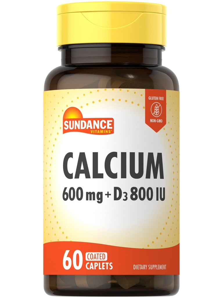 Sundance Calcium 600 מ"ג עם D3 | 60 Caplets | Vegetarian, non-GMO, Gluten Free Supplement