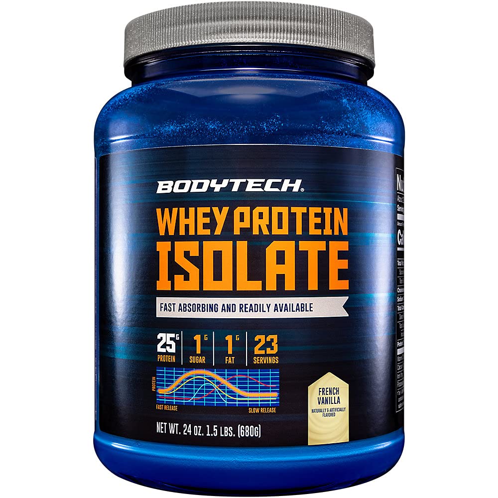 אבקת חלבון של BodyTech Whey חלבון Isolate, Vanilla Flavor הצרפתית, 25g חלבון לשרת, אבקת חלבון גבוהה ריכוז עם Amino Acids & BCAAs עבור גברים ונשים, גלוט חינם, 1.5 lb, 23 משרתות