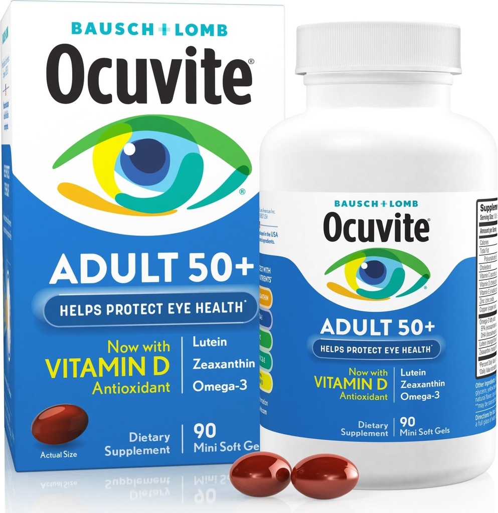 Ocuvite 50+ עין ויטמין & מינרלים תוספת, Multivitamin for Vision & Ocular Health with אומגה 3, Zinc, ויטמינים C & E, Lutein & Zeaxanthin, Zincs תוספים לנשים וגברים, 90 Softgels
