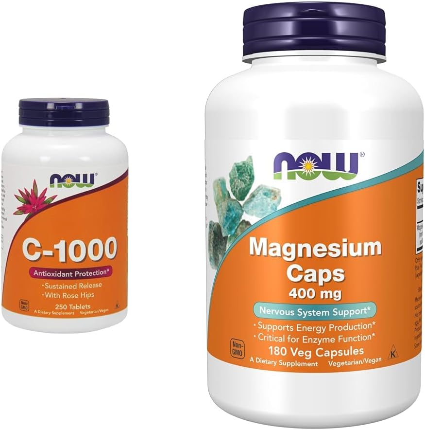 עכשיו תוספי מזון, ויטמין C-1,000 עם Rose HIPS, Sustained לשחרר, Antioxidant Protection*, 250 טבליות ותוספים, Magnesium 400 מ"ג, Enme Function*, מערכת העצבים תמיכה *, 180 ואג קפסולות