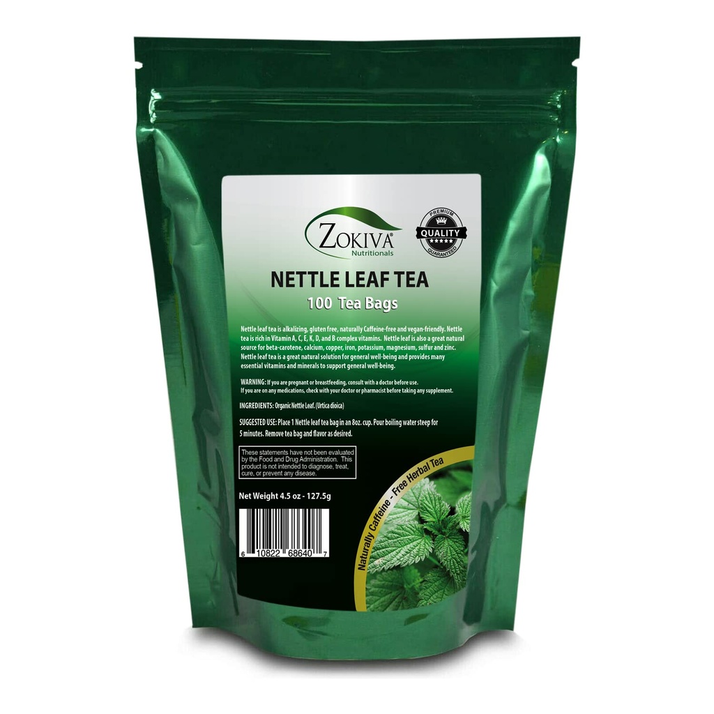 Zokiva Nutritionals - Nettle Leaf Tea Bags Mega Pack - 100 Premium Quality Convenient אורגנית Herbal Tea Bags - Caffeine-חופשי וידידותי טבעוני ב- Resealable Stand Up Zip Lock Pouch