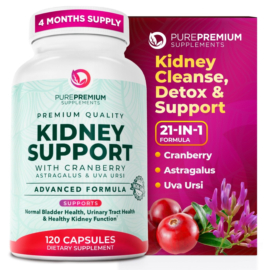 PurePremium Kidney תומך תוסף - Kidney ניקוי של Detox & תיקון עם קריין לחלץ ו Astragalus - 21-in-1 Complex תומך במגם רגיל, Urinary Tract & Kidneys בריאות - 120 יום אספקה