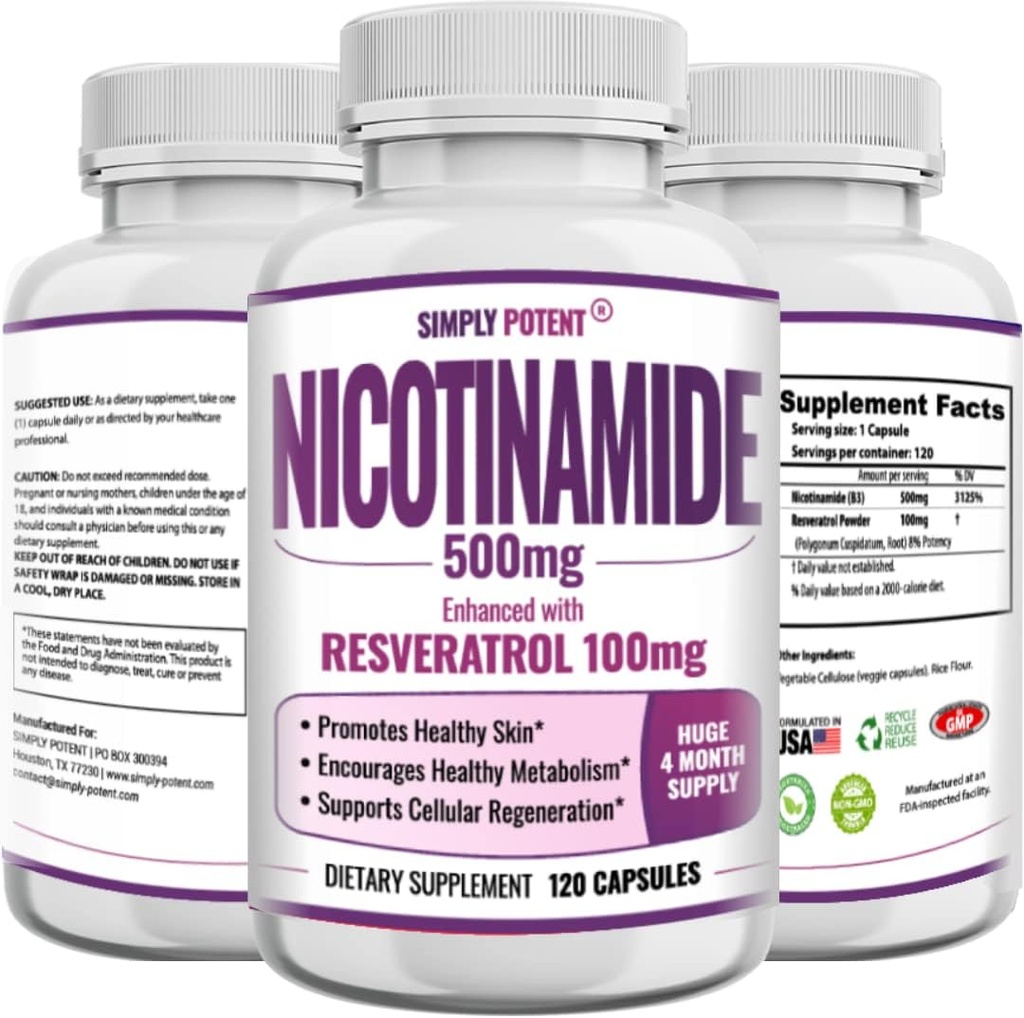 Nicotinamide 500 מ"ג עם Resveratrol 100 מ"ג - 120 קפסולות Veggie - ויטמין B3 גלולות תוספת לתמיכה NAD, Skin Cell Health & Energy