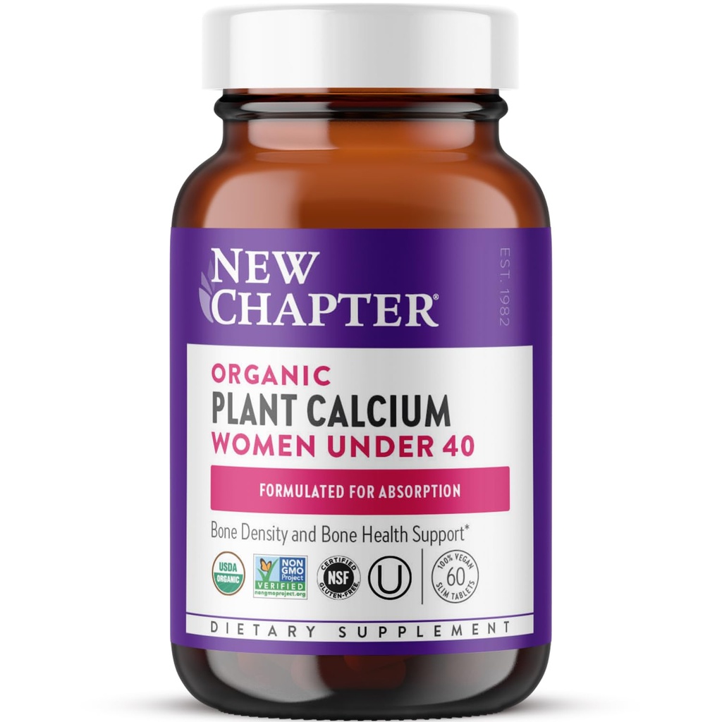 תוספי מזון צמחי אורגני Calcium לנשים מתחת 40, עם ויטמין D3 עבור Absorption + ויטמין K2 + Magnesium, Vegetarian, Gluten Free - 60 Count
