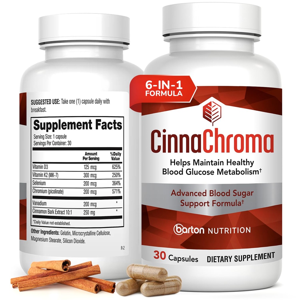 CinnaChroma כמוסות - Cinnamon Supplements with 10:1 Extract, Chromium, Vanadium, Selenium, ויטמין D3 & K2 - Natural Sugar Blocker - 30 קפסולות, 1 חודש אספקה