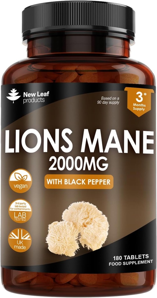New Leaf Products Lions Mane Mushroom לחלץ תוסף 2000 מ"ג - 180 לוחות חזקים גבוהים עם Black Pepper - (לא אבקה או קפסולות) המיוצר בבריטניה