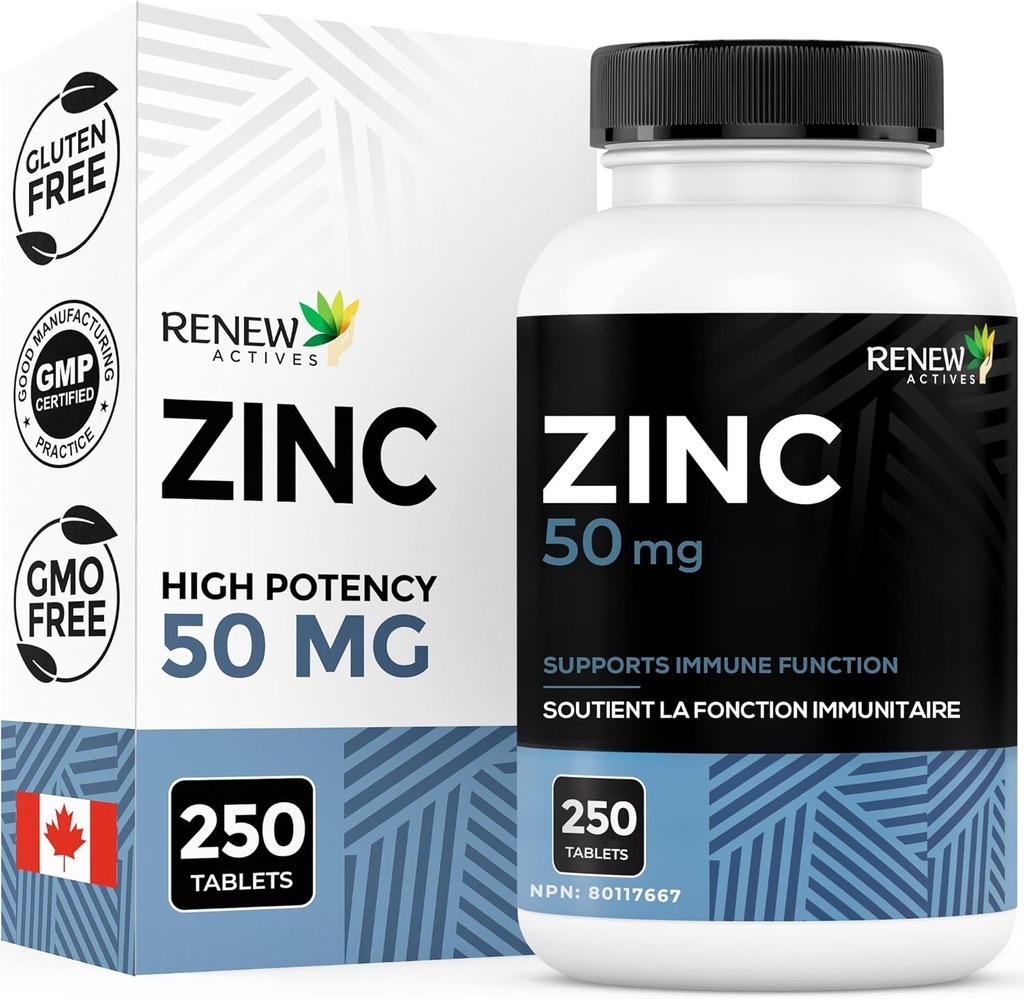 חידוש Actives Zinc תוספי 50MG לשרת - חיוני לבריאות החיסון, עצמות חזקות וקידום שיער בריא, ריחות & Glowing Skin for Daily Use - Made בקנדה - 250 טבליות