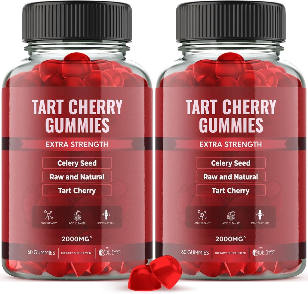 Dr. Emy's Tart Cherry Extract 2,000mg* Gummy Supplement + Celery Seed Extract 400mg*, Raw & Natural – Non-GMO - Gluten and Gelatin Free Vegan, Joint Comfort Uric Acid Cleanse