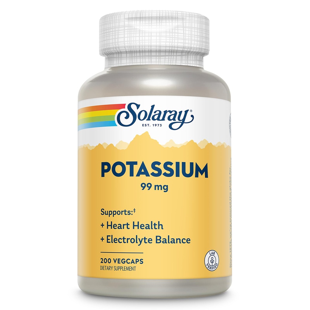 Solaray Potassium 99 מ"ג - Electrolyte Balance פורמולה - תוספי פוטאסום עבור אלקטרוליטים, תמיכה בריאות הלב - 60 יום כסף בחזרה להבטיח, מעבדה מאומת, 200 משרתים, 200 VegCaps