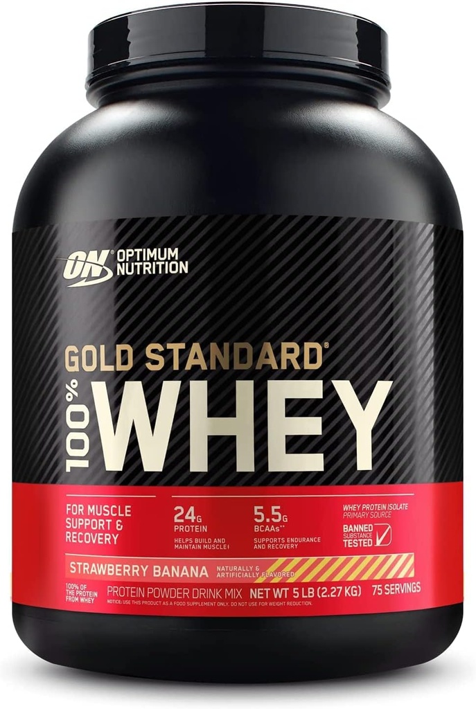 אופטימוס תזונה זהב סטנדרטי 100% אבקת חלבון Whey, בננות סטרוברי, 5 פאונד (Packaging May Vary)
