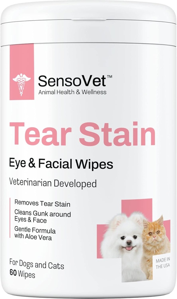 Tear Stain Remover Eye Wipes for Dogs & Cats, ניקוי Eye Boogers ו Gunk Discharge, ניקוי פנים עם Aloe Vera (Fragrance Free)