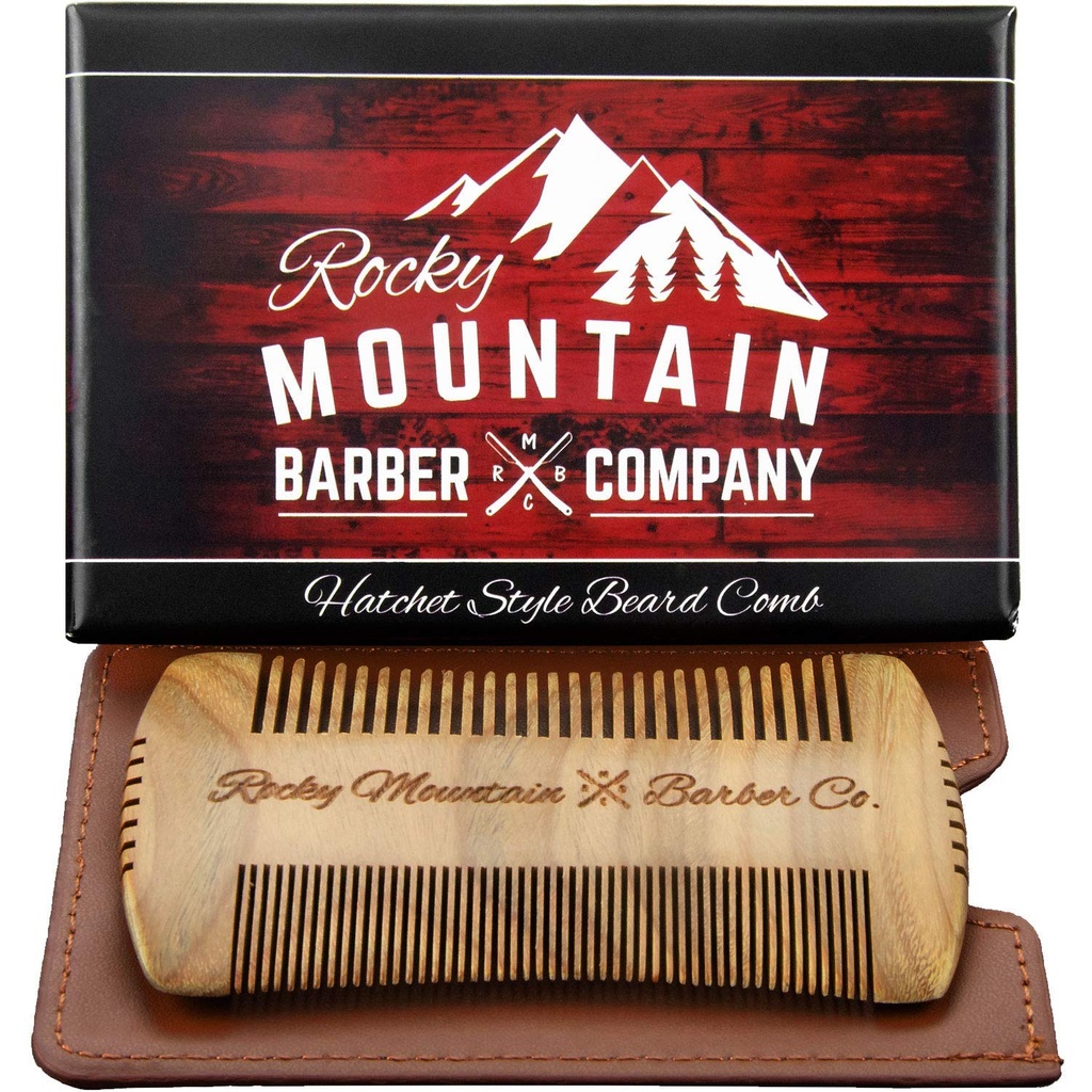 Beard Comb - Sandalwood Natural Hatchet Style for Hair - Anti-Static & No Snag, Handmade Wide & Fine Tooth Contour Brush הטוב ביותר עבור Beard & Moustache עם ביצוע מקרה Pouch