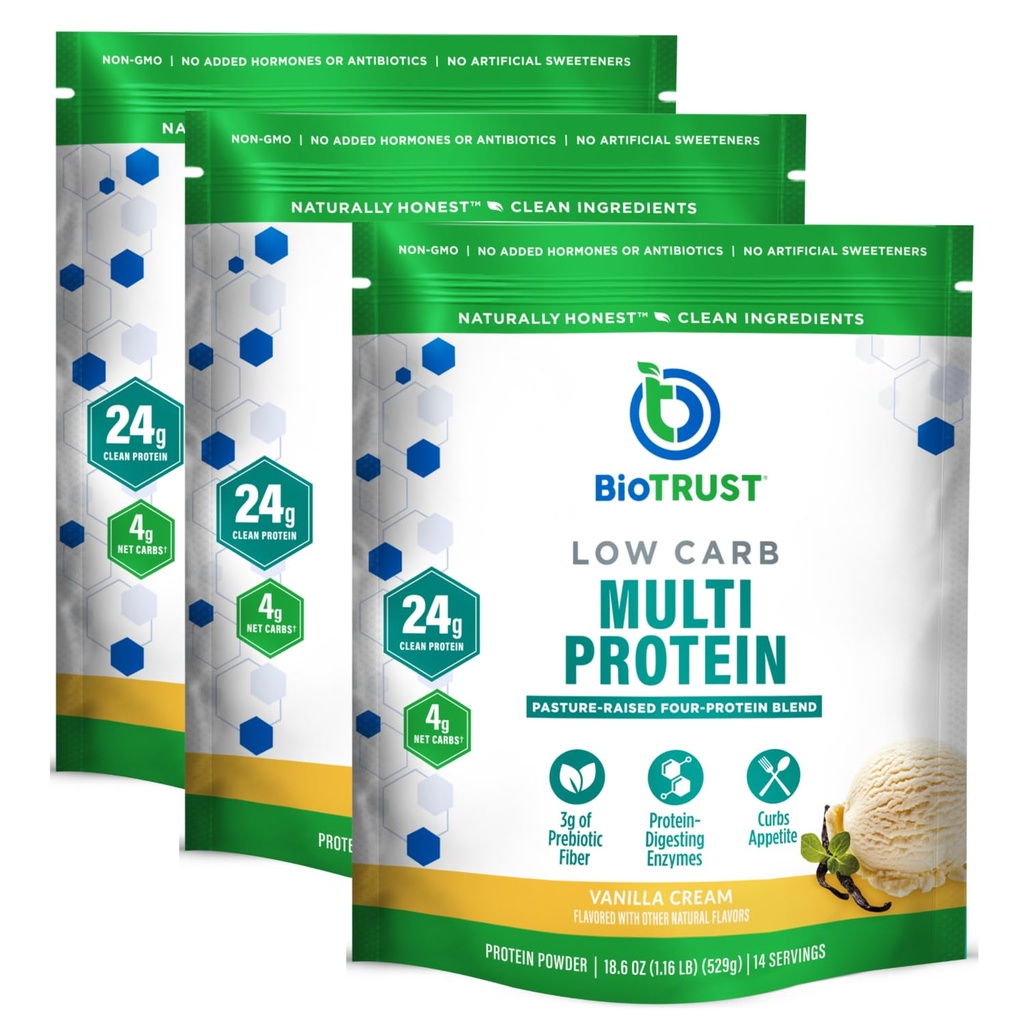 אבקת חלבון דלת פחמימות - טבעי וטעים Whey & Casein Band from Grass-Fed הורמונים חינם Cows - Non GMO, Soy Free, Gluten Free, הורמונלי חינם (Vanilla, 3Pack)
