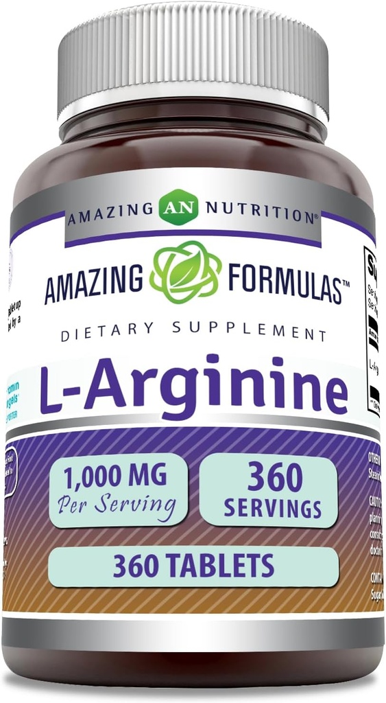 פורמולה מדהימה L-Arginine תוסף | 1000 Mg Per Serve | Tablet | Amino Acid Supplement for Women & Men | Non-GMO | Gluten Free | Made in USA (360 Count)