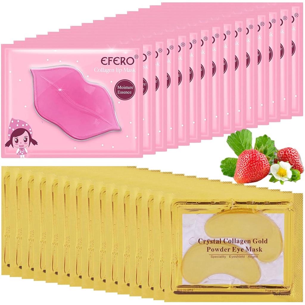 30 Pairs Lip Mask & Under Eye Mask, 24K Gold Crystal Collagen under Eye Patches for Puffy Eyes, Lip Masks ביעילות Nourishes the Lip & Eye Skin, מסכות עיניים גורמות קווים יפים ועיגול כהה
