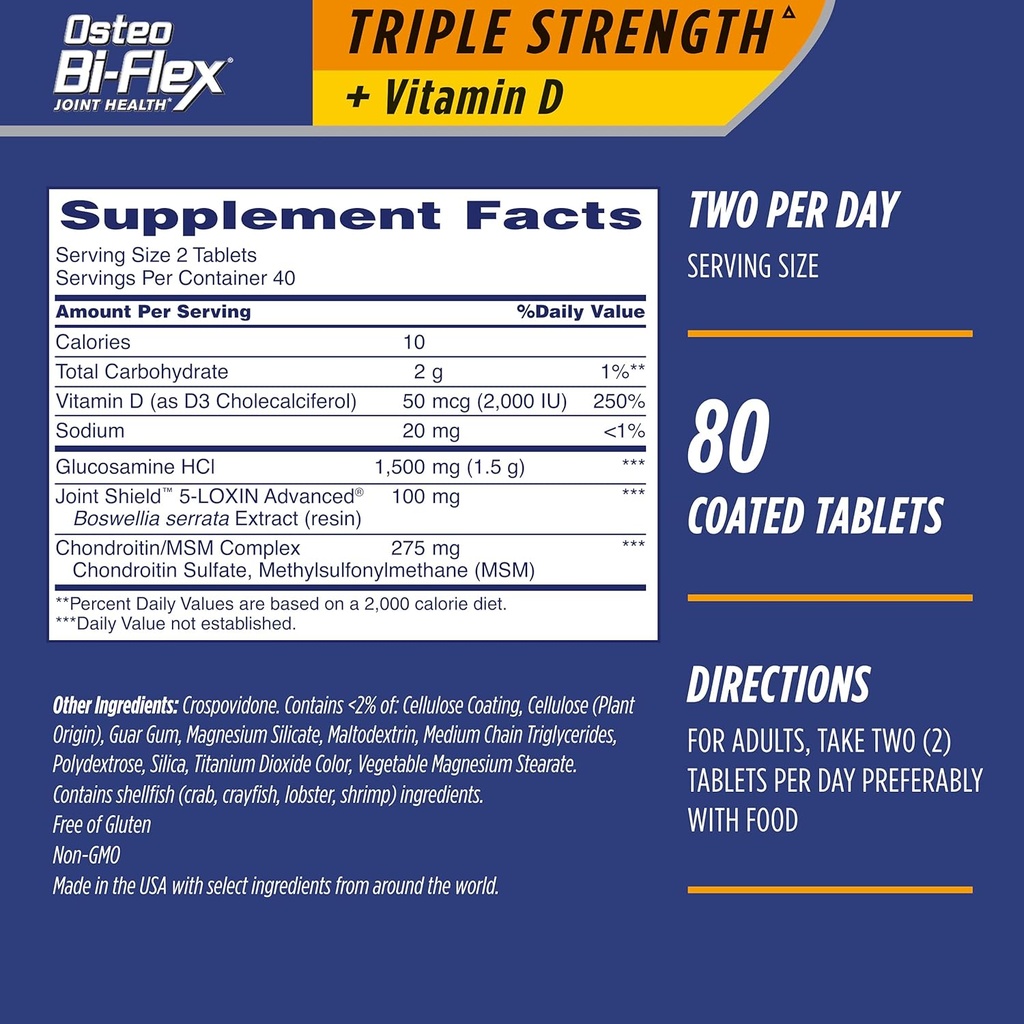 Osteo Bi-Flex משולש כוח (5) עם ויטמין D Glucosamine Chondroitin Joint Health Supplement, Coated Tablets, 80 Count (Pack of 2)