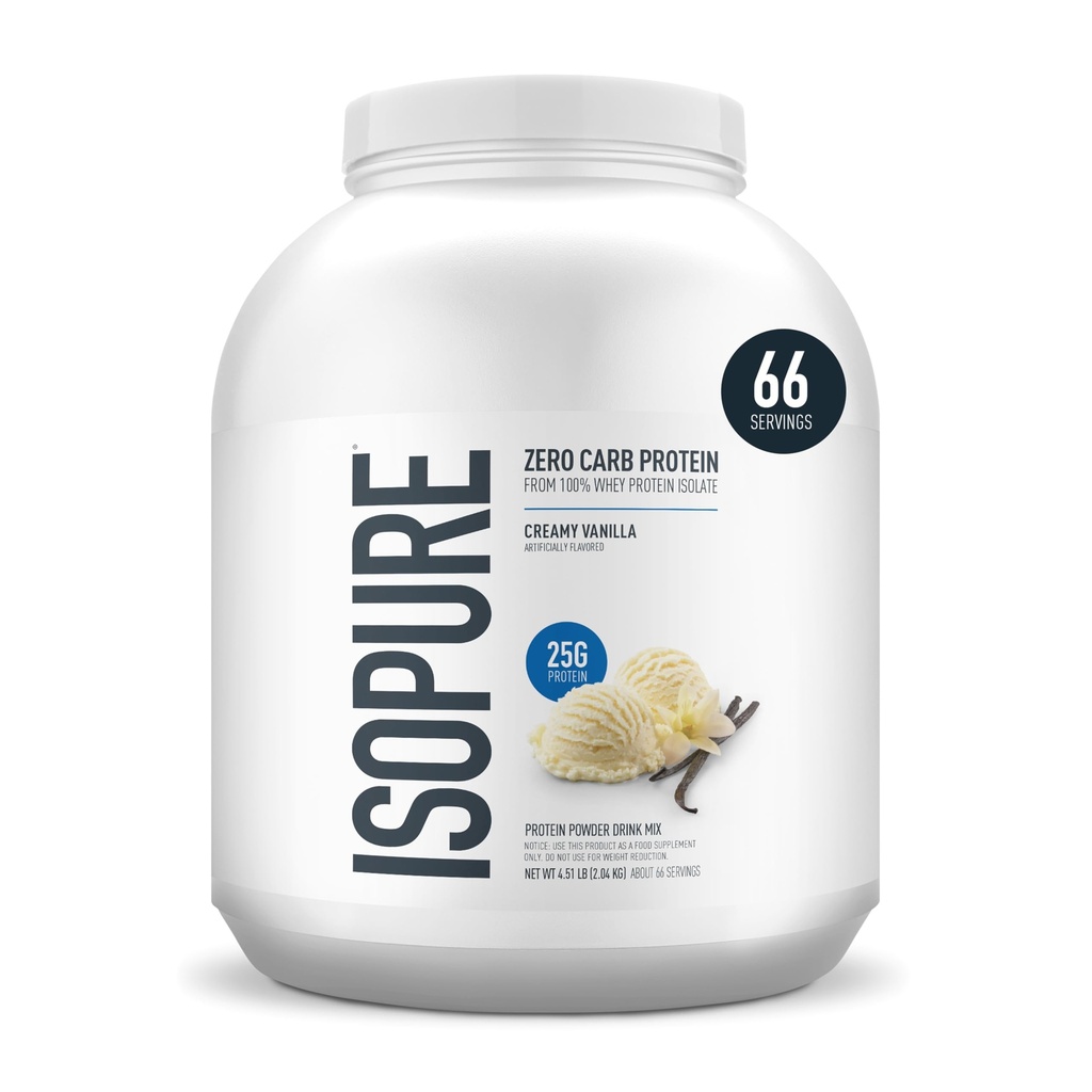 Isopure Zero Carb 100% Pure Whey Isolate אבקת חלבון, Lactose חינם, Gluten חינם, עם ויטמינים, Creamy Vanilla, 25g חלבון Per לשרת, 4.5 Lbs, 66 משרתים (Packaging May Vary)