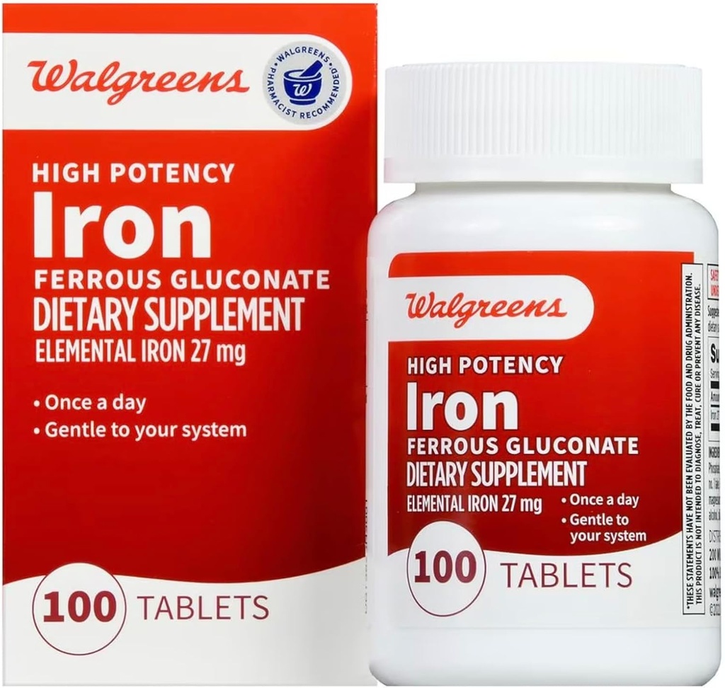 Walgreens High Potency Iron Ferrous Gluconate 27mg, טבליות, 100 ea