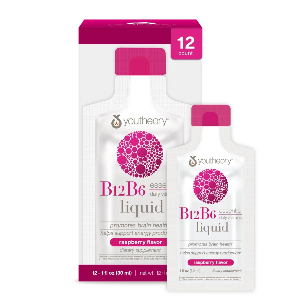 Youtheory ויטמין B12 B6, Daily Energy and Brain Support Supplement, נוזל Raspberry Flavor, 12 - 1oz Single Service Packets