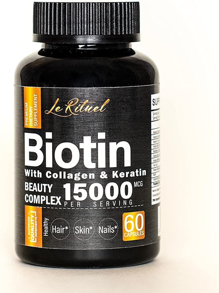 ויטמינים ביוטין עם Collagen & Keratin - תוספת צמיחה שיער לנשים וגברים - 15000 mcg Pills - ויטמינים A,D,B1,B2,B3,B5,B6,B12 מורכב - קפסולות טבעוניות בריאות - 60 Count Count Count Count
