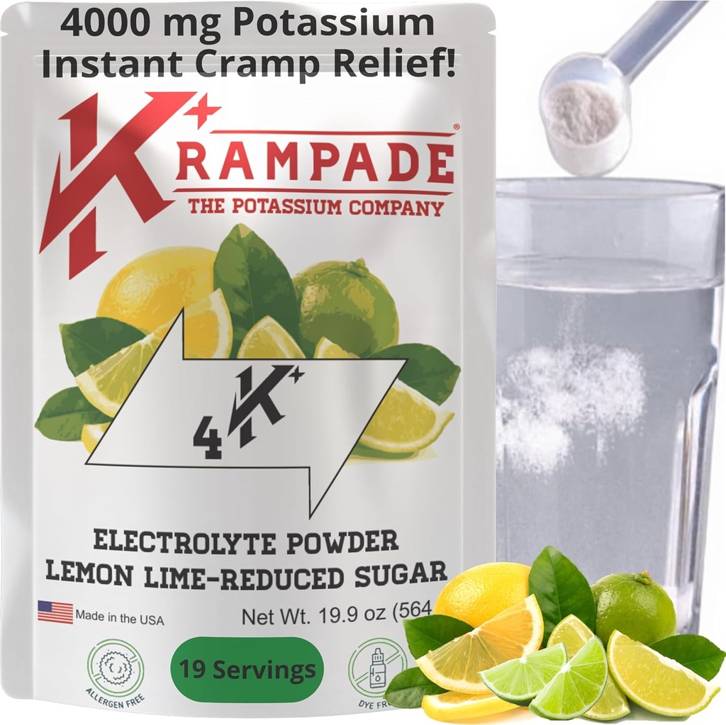 Krampade Electrolytes אבקת Potassium תוסף - 4000 מ"ג K+, > 4X יותר מים קוקוס | מיידי Cramp הקלה