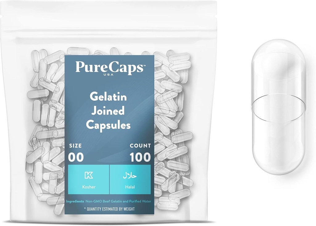 PureCaps USA - Fat Gelatin קפסולות בגודל של 100 גלולות הצטרפו ל- non-GMO Certified - SLS, Gluten, Preservative Free