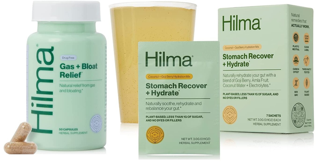 Hilma Natural Gas & Bloating Relief ו Stomach Recover + hydrote - אבקת אלקטרוליט אורגני עם Prebiotics ו Gastroprotective Herbs Bundle