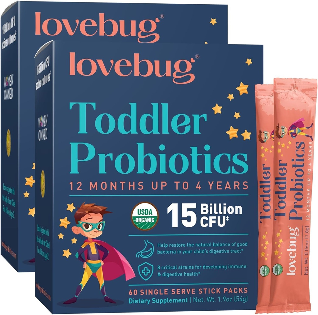 LoveBUG Kids Probiotic אבקה עם Preביוטיקה סיבים - טודילר תמיכה ו- Constipation הקלה - USDA אורגני Probiotics for Childrens Gut & Digestive Health (Ages 1-4) - 60 Pack (Unflaved)