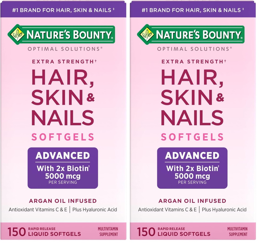 שיער מתקדם בטבע, Skin & Nails, Argan-Infused תוסף ויטמין עם ביוטין ו Hyaluronic Acid, 150 Softgels (Pack of 2)