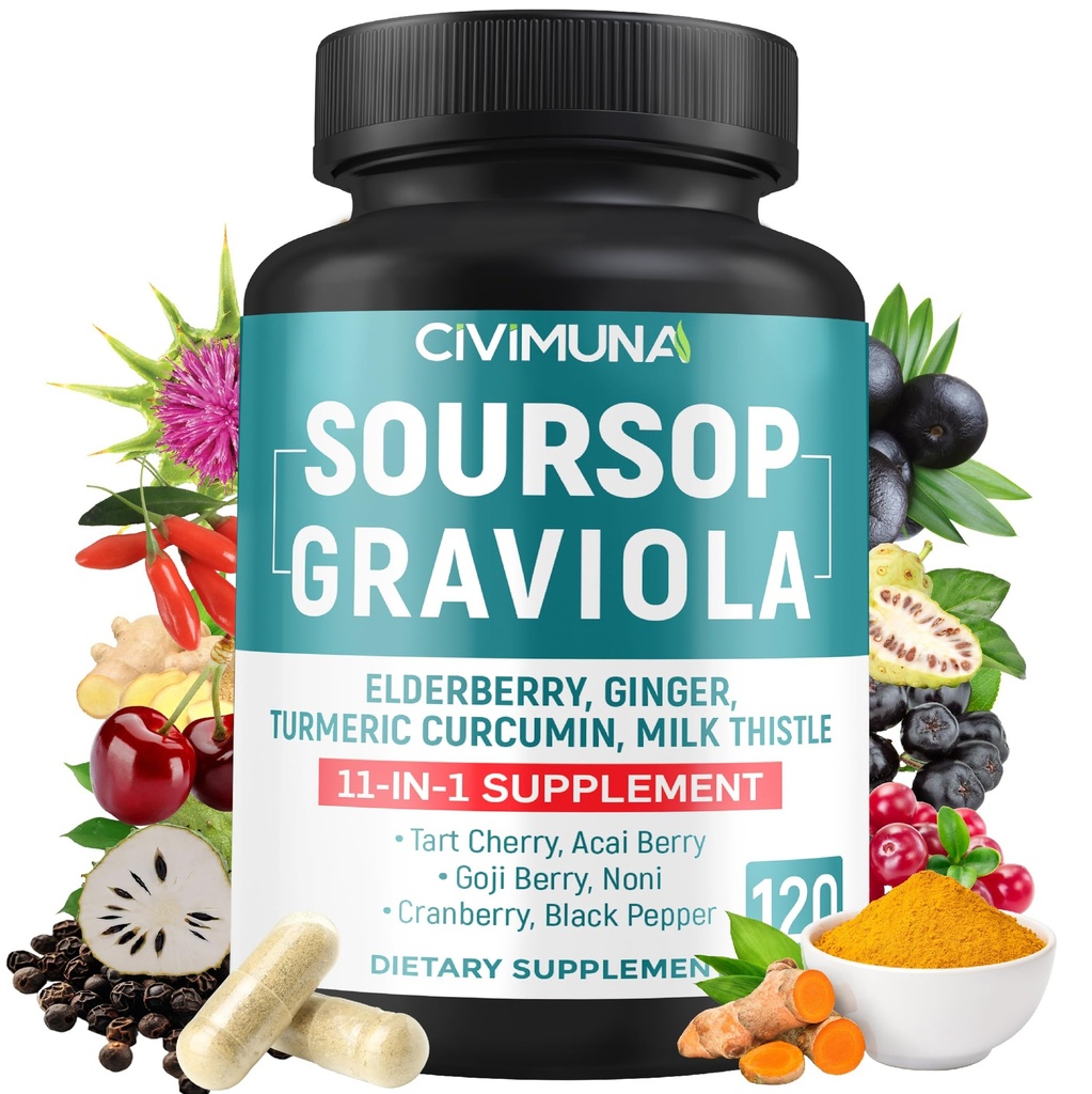Soursop Graviola קפסולות עם Elderberry, Turmeric, ג'ינג'ר, Milk Thistle, Tart Cherry ועוד - 120 קפסולות ל 4 חודשים אספקה