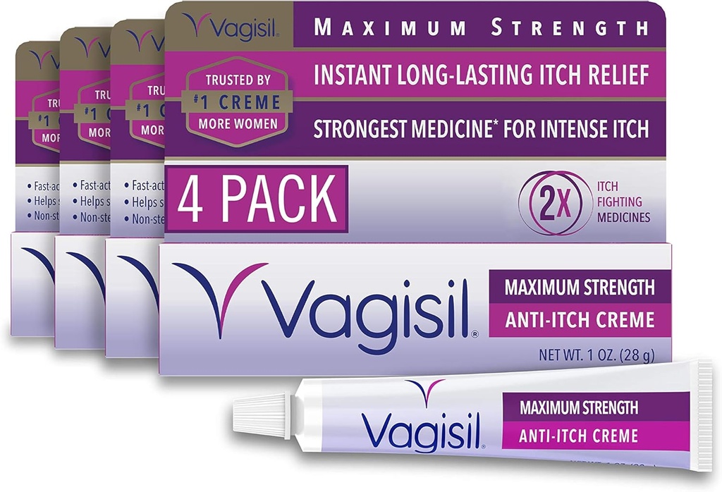 Vagisil כוח מקסימלי Feminine Anti-Itch Cream עם Benzocaine עבור נשים, עוזר Relieve Yeast זיהום Irritation, Gynecologist נבדק, מהיר, Soothes ו Cools Skin, 1 oz (Pack של 4)