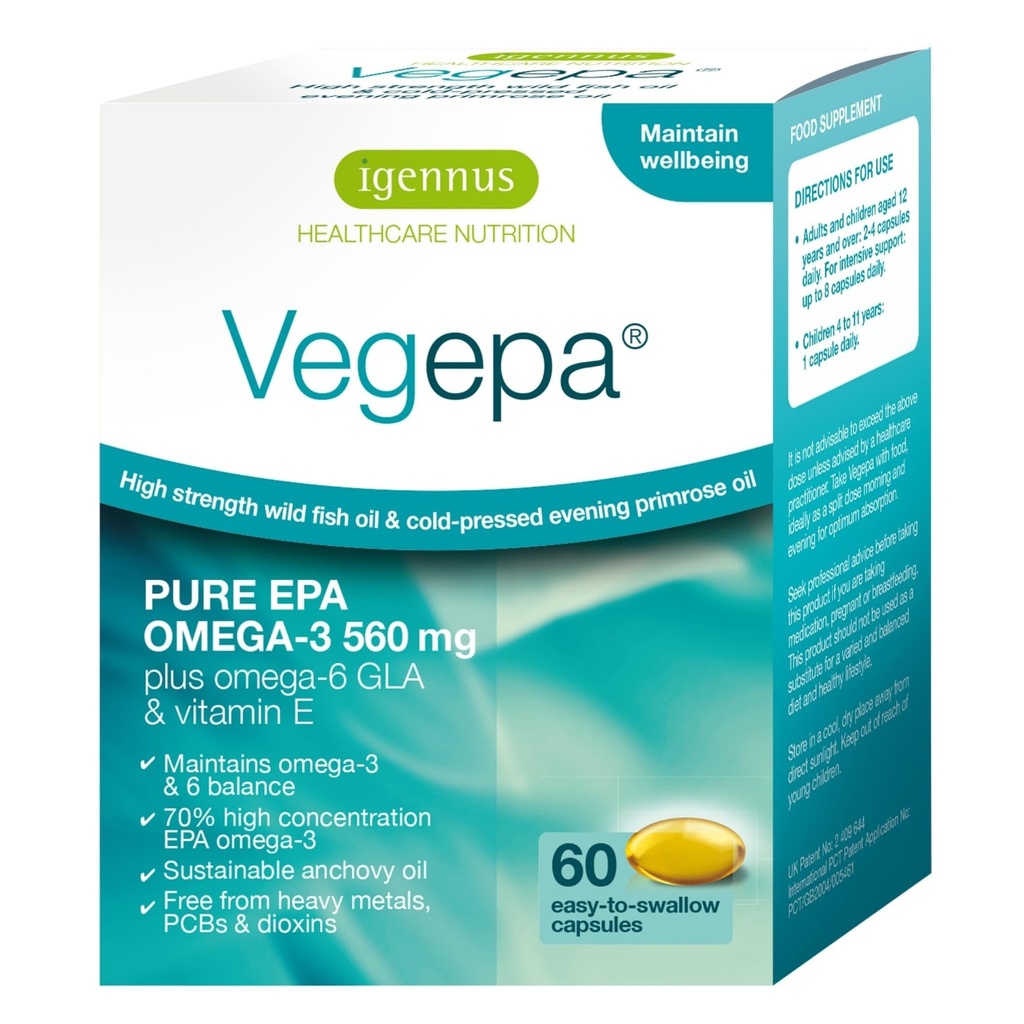 Igennus Vegepa אומגה 3 Wild Fish Oil & Evening Primrose Oil, 560 מ"ג EPA Plus GLA, 60 Softgels קטנים