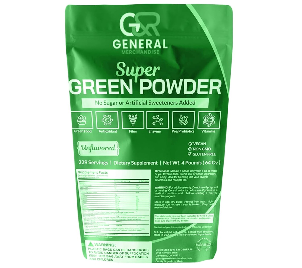 Super Greens אבקת Superfood אורגני, 229 משרתות Enzymes, Probiotics & ויטמינים ירקות (Wheatgras, Spirulina & יותר), פירות, 4 פאונדים (64oz).
