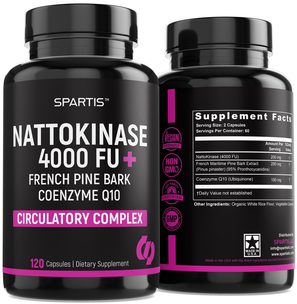 Nattokinase תוסף 4000 FU CoQ10 100 מ"ג הצרפתי Pine Bark לחלץ 200 מ"ג עם Enzymes for Circulatory & Cardiovascular Support (Pack of 1 at 120-Caps)