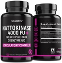 Nattokinase תוסף 4000 FU CoQ10 100 מ"ג הצרפתי Pine Bark לחלץ 200 מ"ג עם Enzymes for Circulatory & Cardiovascular Support (Pack of 1 at 120-Caps)