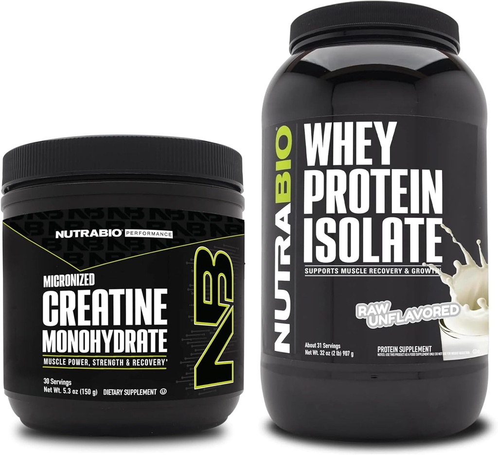 NutraBio Creatine Monohydrate, Unflavored, 150g ו Whey חלבונים Isolate, Unflavored, תוספת Bundle - שריר אנרגיה, Lean Growth, התאוששות וכוח