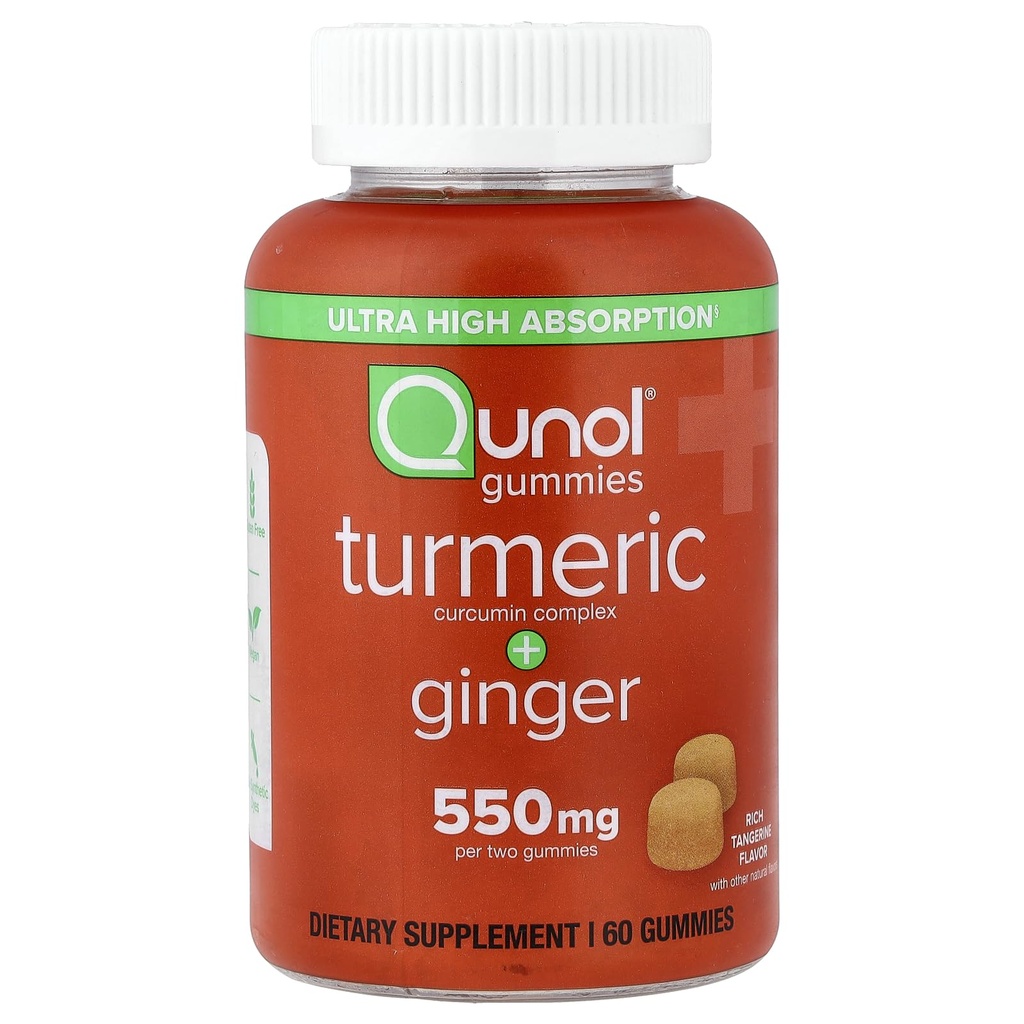 Qunol Turmeric וג'ינג'ר חניכיים, חניכיים עם 500 מ"ג + 50 מ"ג ג'ינג'ר, תוספת תמיכה משותפת, Ultra High Absorption Tumeric וג'ינג'ר, טבעוני, Gluten Free, 1 חודשים אספקת חניכיים