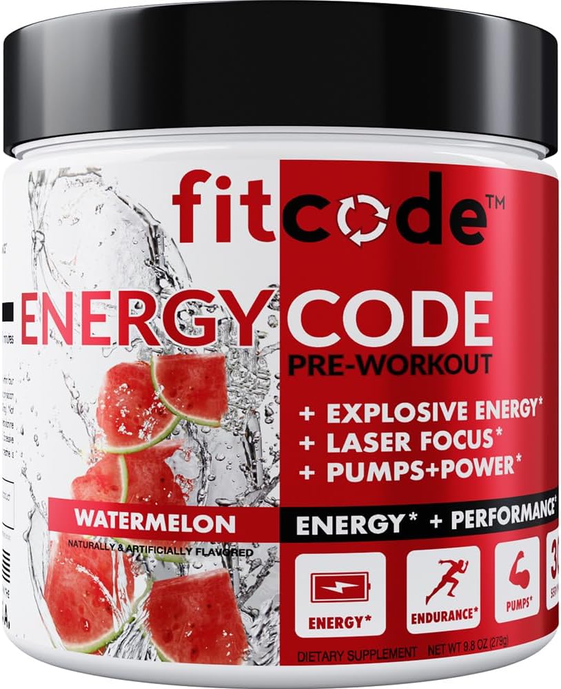 התאמת אנרגיהקוד - Pre Workout עם אבקת Creatine - משקאות אנרגיה וביצועים - תוספי כוח שרירים אנדורנס - מכיל Caffeine - 30 משרתים - Watermelon